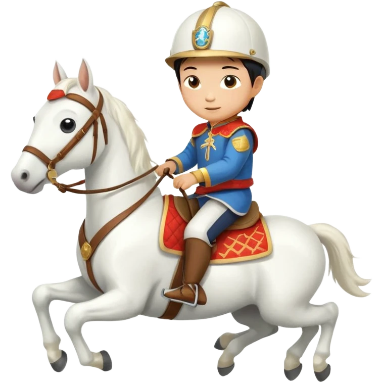 A Chinese little boy is riding a cute white small horse, and the horse is running. The blanket on the saddle says ‘2026.’  (2026 MUST HAVE) 。 emoji