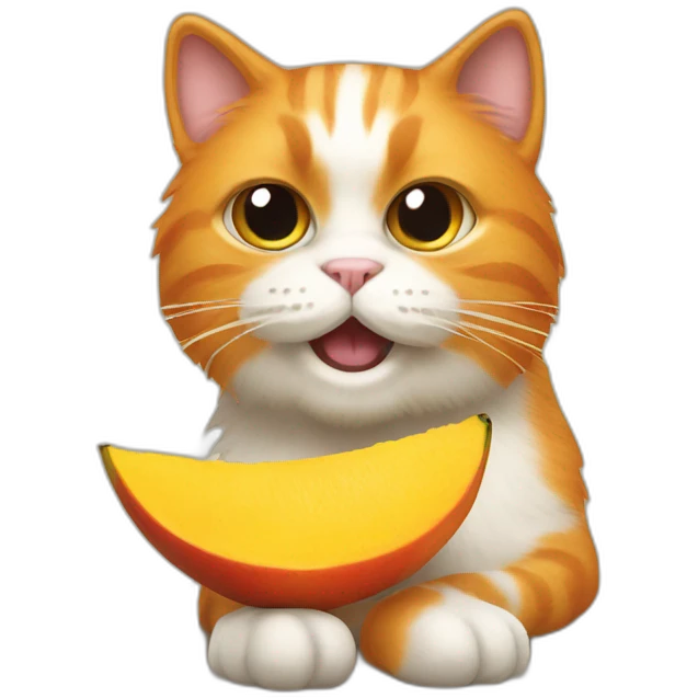 orange hairy cat eating mango with grumpy face and long tail emoji