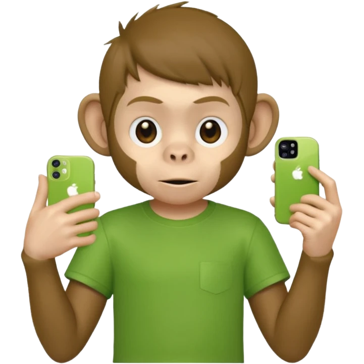 Un singe qui est habillé comme un garçon et qui a un iPhone 12 mini et qui a un t-shirt vert  emoji