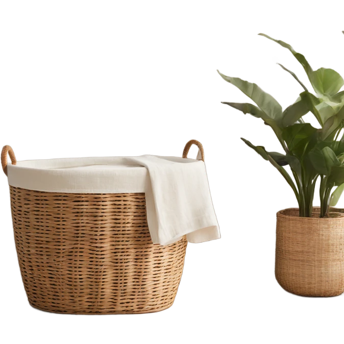 The rattan laundry basket with two handles is very cozy and inside the linen is white and beige emoji
