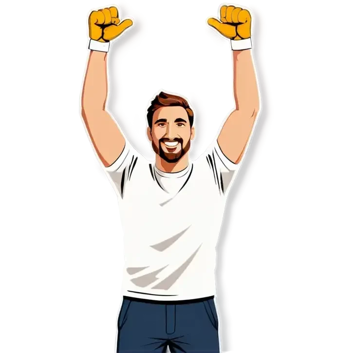 Man holding both arms in the air and holding an electrical cable emoji