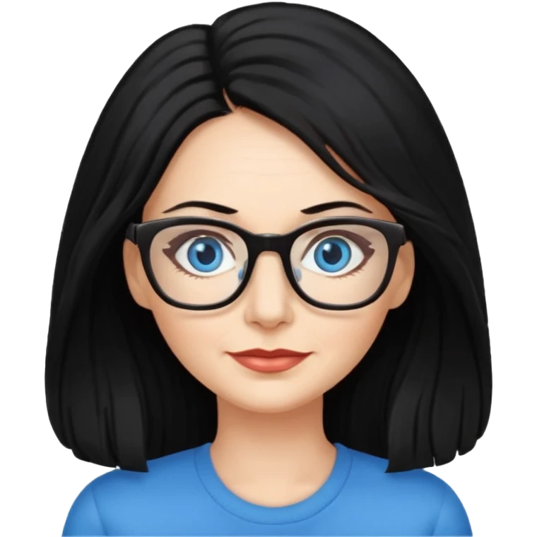 woman 50 years old, long and fluffy black hair, blue eyes, glasses emoji