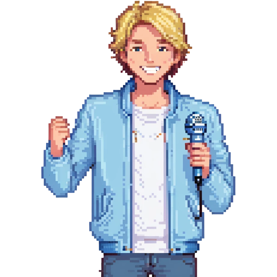 Pixel art style, expressive male performer, Caucasian features, short sandy blonde hair, lively eyes, wide cheerful smile, wearing a sky blue jacket over white tee, tossing a microphone in one hand, waist-up, front-facing emoji