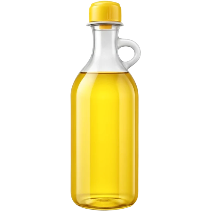 realistic yellow plastic cooking oil bottle, tall, rounded, molded lines, handle, glossy, yellow cap, white neck, soft reflections, gentle shadows, no branding, no label, no food, no faces, clean 3D, soft lighting, transparent background, emoji scale emoji