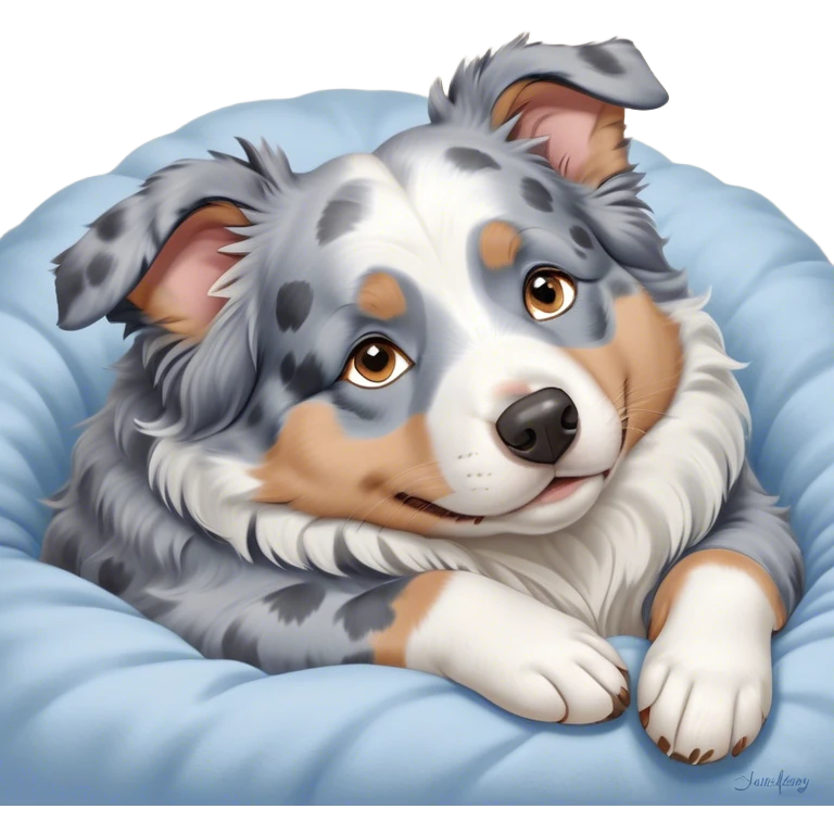 Cinematic Meme-Worthy Chubby Sleeping Blue Merle Australian Shepherd Portrait Emoji, Head resting peacefully with a contented smile, showcasing a delightfully chubby build and a luxuriously soft blue merle coat with striking white accents, eyes shut in a serene nap, Simplified yet hilariously adorable features, highly detailed, glowing with a soft, drowsy light, high shine, relaxed and utterly lovable, stylized with an air of playful laziness, bright and heartwarming, soft glowing outline, capturing the essence of a comically sleepy Blue Merle Australian Shepherd, so meme-worthy it feels like it could instantly become the next viral sensation of adorable slumber! emoji