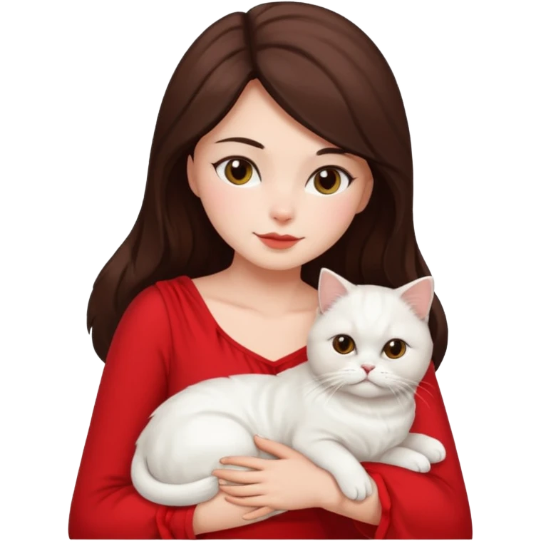 Brunette woman snuggling white Persian cat, wearing a red dress emoji