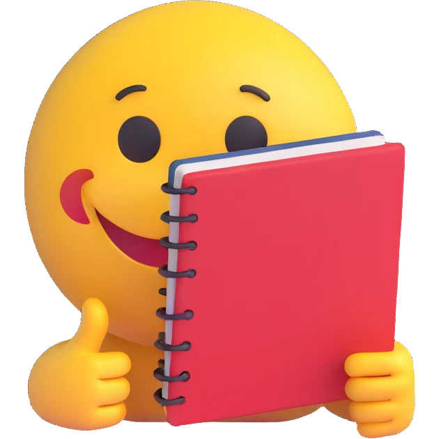3D smiley emoji, round shape, student studying with notebook, green color, focused face emoji