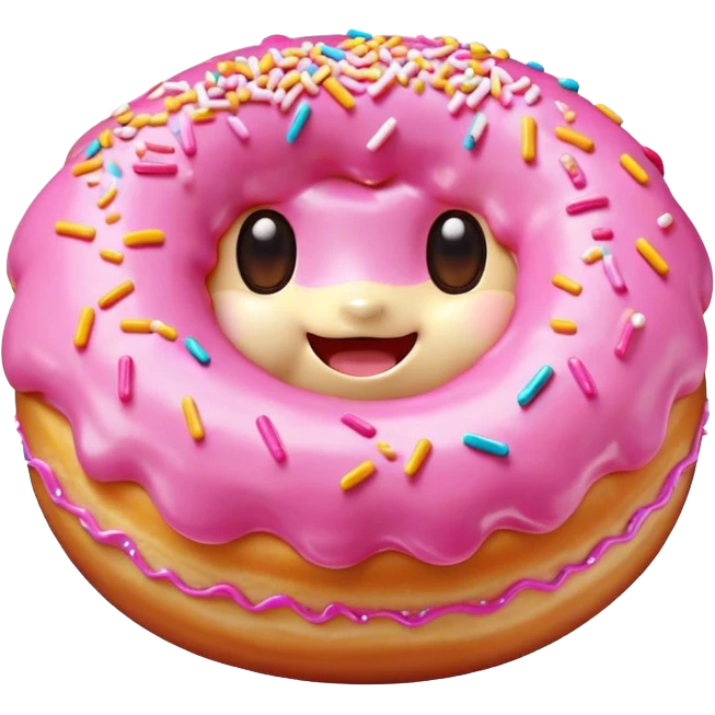Cinematic tiny happy donut, round and fluffy, golden brown with pink icing and sprinkles, tiny adorable face with blushing cheeks, warm glowing background. emoji