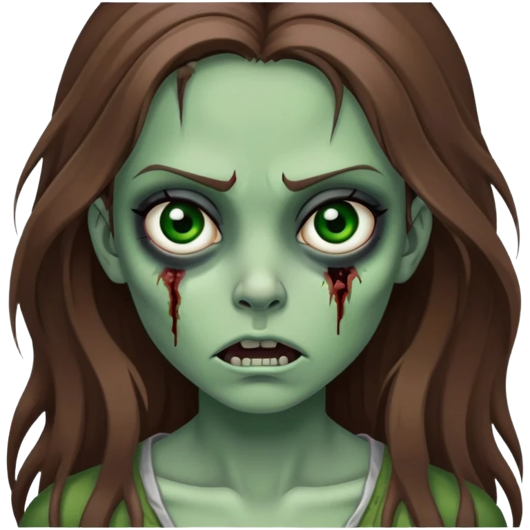 Girl zombie with long brown hair, green skin, black eyes with dark circles, and frightening expression emoji