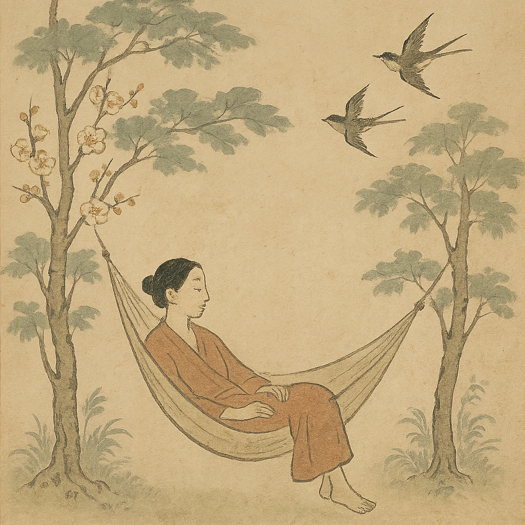 A peaceful self-care scene with a person sitting in a hammock, surrounded by trees and birds emoji