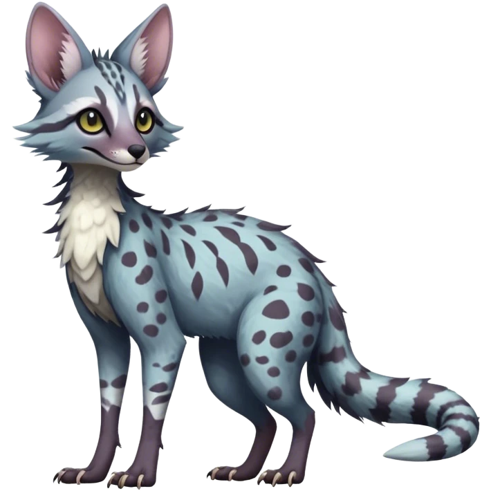 Feral Rare Fantasy dark pastel Vernid-Sergal-Genet-Trico-species by LiLaiRa, random markings, tufted tail, tufted ears, full body emoji