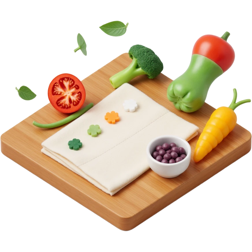 Floating Ingredients Around a List(without text) on the wooden cutting board emoji