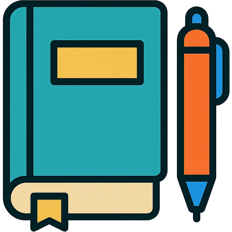 minimalist icon of a book and pen in botgoondie color palette, simple lines emoji