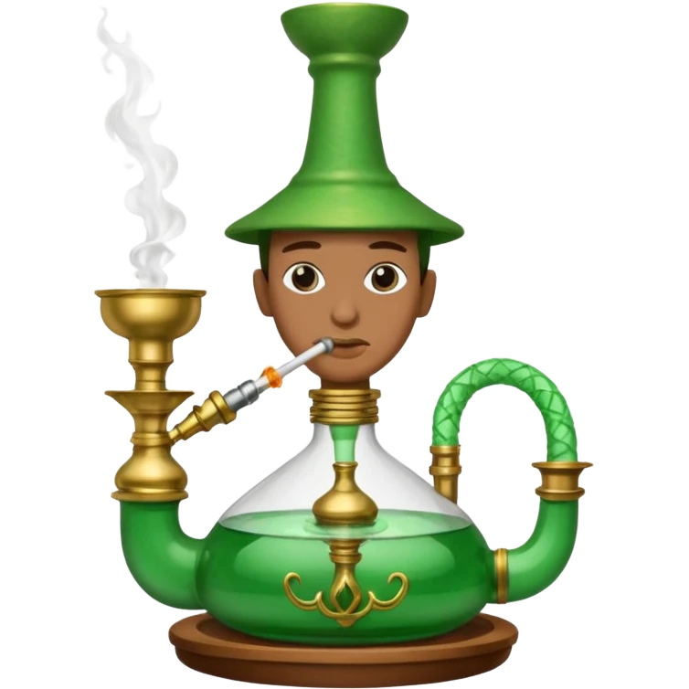 Brass hookah with green design on a glass water base on the top; with two smoke pipes where people are holding them and smoking m from the side all pouting on top emoji