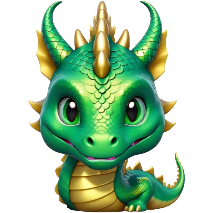Cinematic Cute Dragon Portrait Emoji, Head tilted playfully and inquisitively, featuring a sleek, serpentine form adorned with iridescent scales that shift between emerald and gold, a delicate set of subtle horns, and round, sparkling eyes full of curious magic; rendered with realistic detail and warm natural light, high shine, affectionate and enchanting, styled with a touch of whimsical fantasy, soft glowing outline, capturing the essence of a mischievous yet lovable dragon that seems poised to slither playfully into your arms! emoji