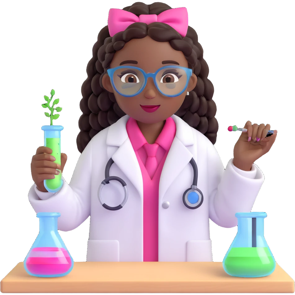 pretty black girl scientist emoji with goddess box braids hairstyle, no glasses, natural lip color, pink bow on lab coat, performing a science experiment with an electric circuit emoji