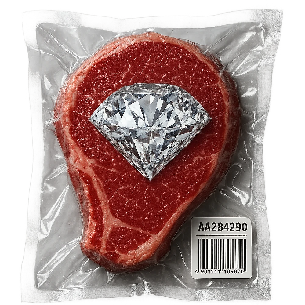 meat steak with sparkling diamond facets, glossy and puffy, vacuum-sealed style emoji