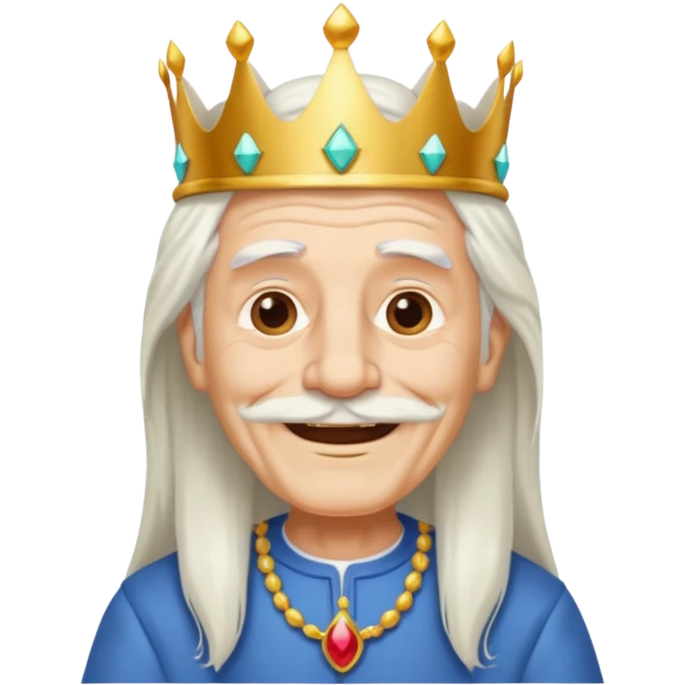 a smiling old man with long white hair and has no beard wearing a white smart shirt and a crown emoji