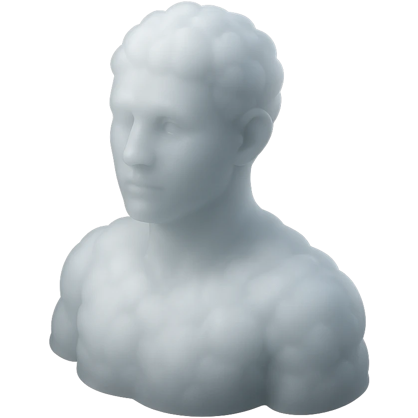 person looking straight, fully made of white fluffy convex clouds, shoulders visible, matte glass style emoji