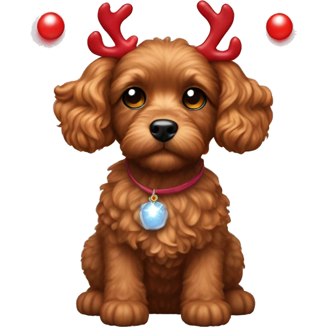 ruby brown toy cavoodle with a glowing red nose and reindeer ear headband on emoji
