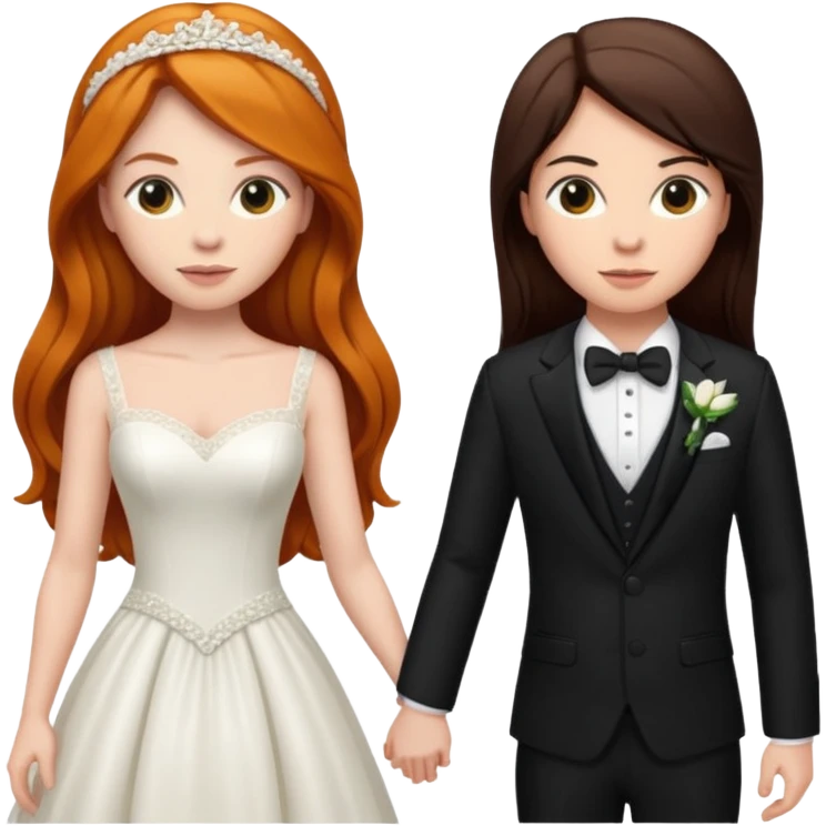 two girls getting married. one ginger with long hair in a BLACK SUIT. one DARK Haired brunette in a WEDDING dress emoji