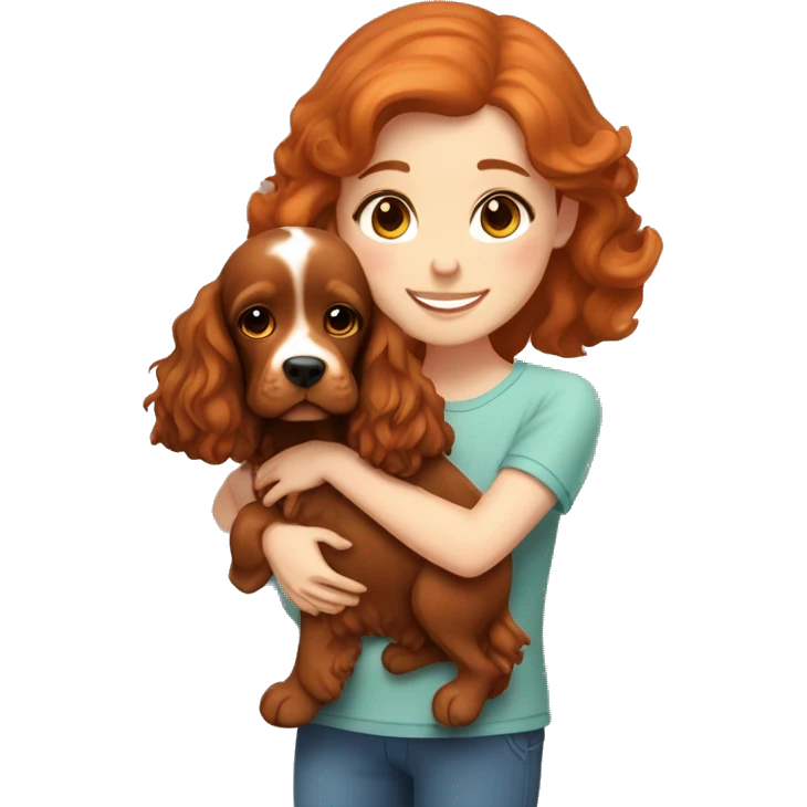A very cute girl with red hair cuddling a happy caramel-brown English Cocker Spaniel. emoji