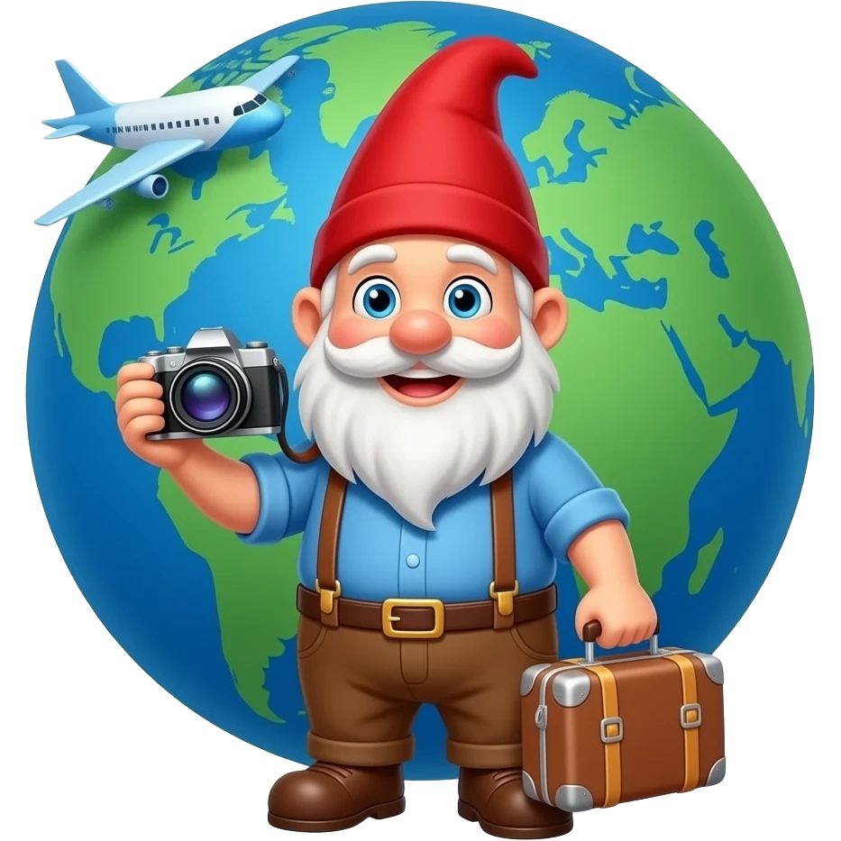 A smiling traveling Gnome with a camera, carrying a suitcase, wearing brown pants has a white beard , blue eye, blue shirt and a red pointed hair, suspenders and the world and plane in the background emoji