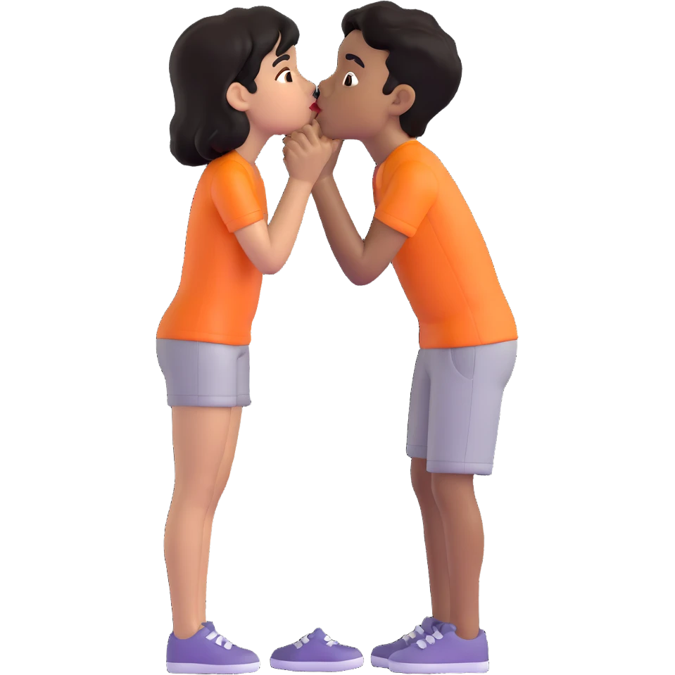 Black haired brown skinned boy kissing a black haired light skinned girl emoji