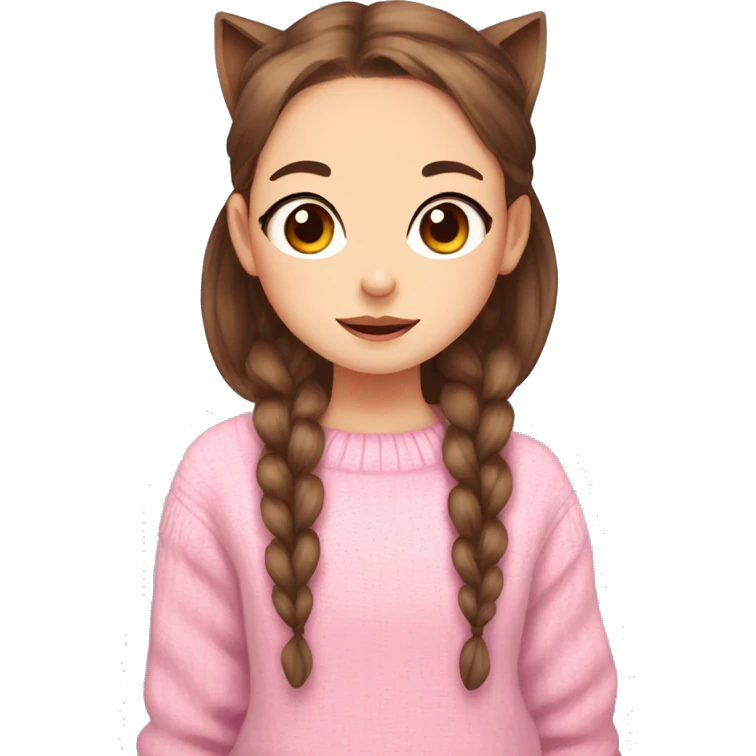 a twitch emote of a cartoon girl with the cutest brown big eyes and brown hair in pigtails with wight cat ears wearing a pink sweater emoji