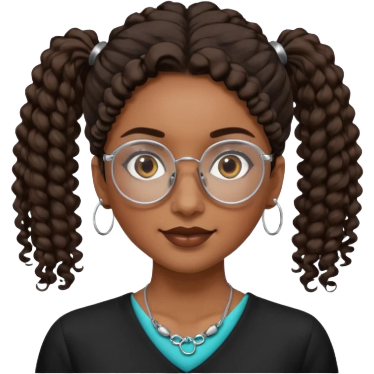 chica morena de ojos claros con gafas negras exagonales redondeadas. y pelo rizado castaño con todo el pelo recogido en una coleta . y un collar de plata . Con todo el pelo recogido un clen look emoji