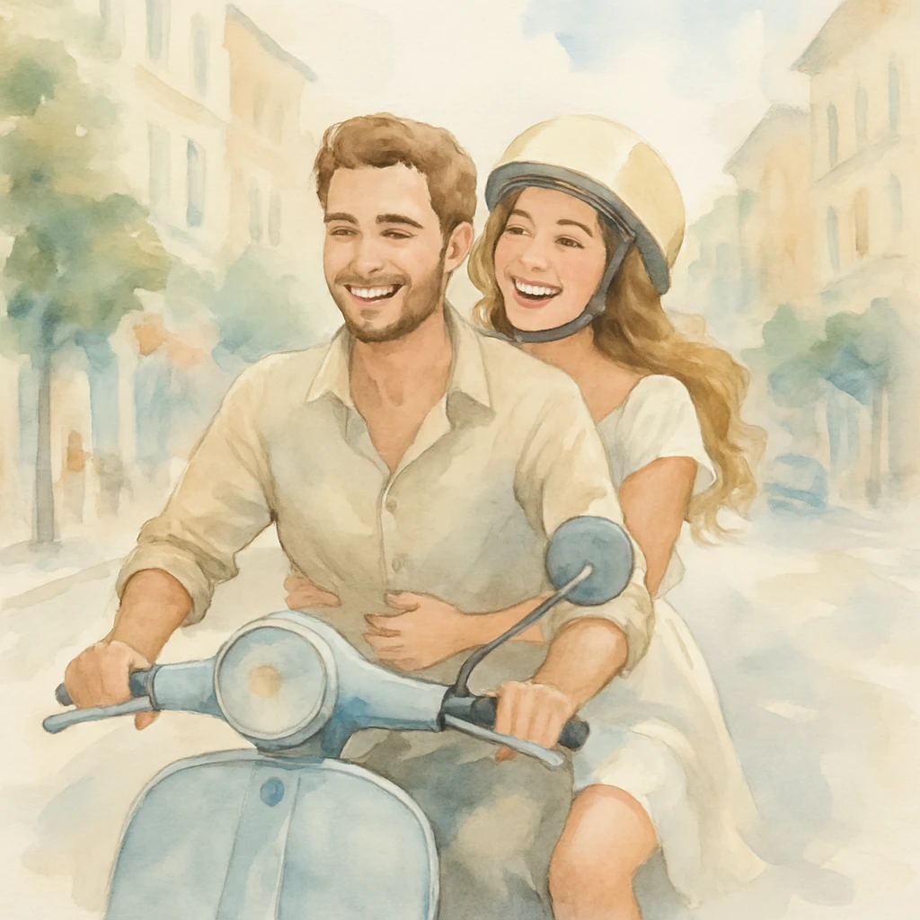 watercolour style, couple on a scooter, city street background, light and airy feel emoji