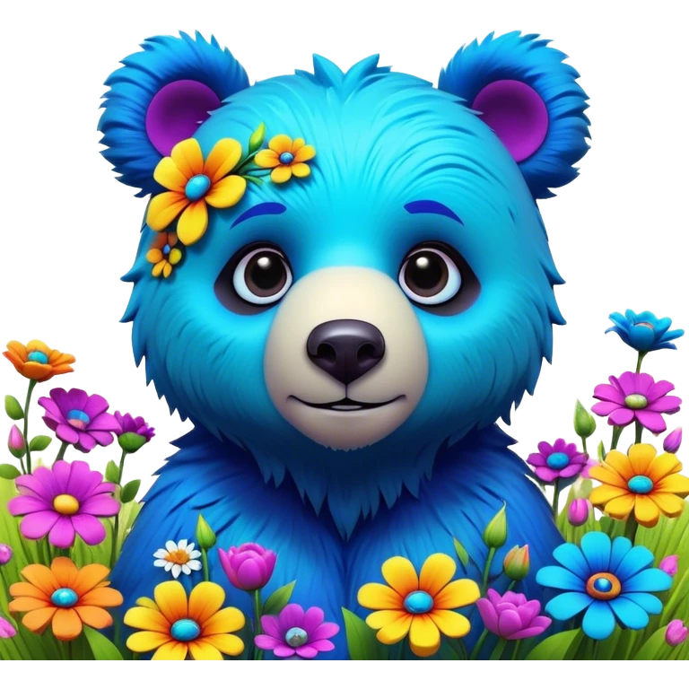 3D, adorable little Pixar style blue neon punk bear in a field of flowers, ultra detailed, each lash, eye, and strand of fur is shown in stunning detail as though captured in a timeless photograph, rich textures, visually rich, so lifelike it feels like it could leap off the page at any moment emoji