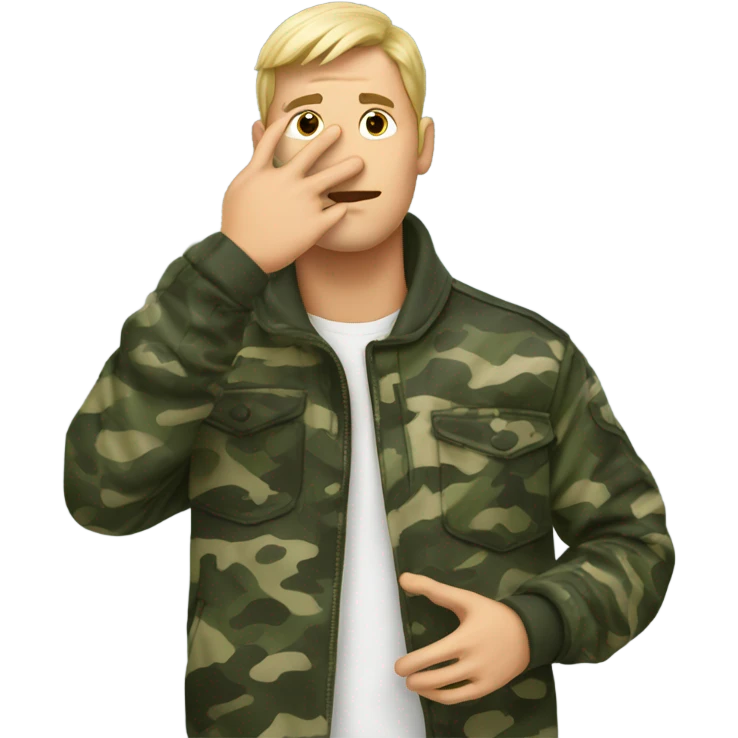 Guy wearing a camo jacket holding his hand to his forehead making a L shape with fingers emoji