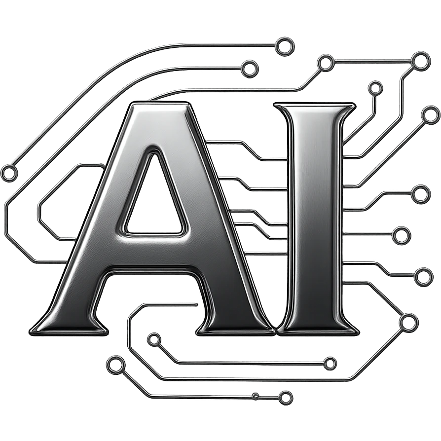 AI banner with chrome metallic text and abstract tech background emoji