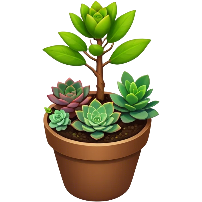 Close-up of a potted sapling in rich soil surrounded by vibrant plants and succulents. Bright sunlight filters through the window, casting soft shadows. Nearby gardening tools rest on a wooden table. Cozy indoor atmosphere with greenery and flowers. emoji