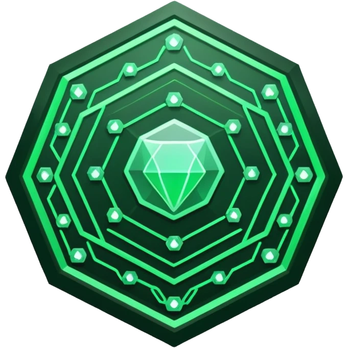 Futuristic reward points icon, diamond or hexagon shape, circuit board lines, Bloomberg terminal aesthetic, green phosphor glow on dark background, minimalist geometric, no text, fintech style, clean edges, professional icon design emoji