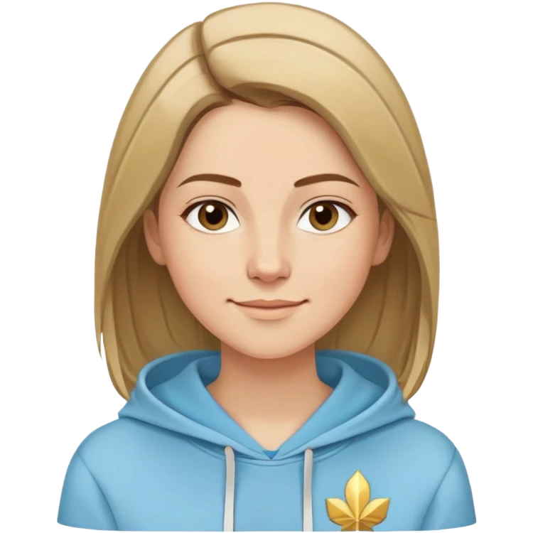 Caucasian woman, oval face, straight hair that is more brown than blonde with lighter blonde highlights, hair parted to the side, serene smile, dreamy expression, light blue hoodie with gold and white details emoji