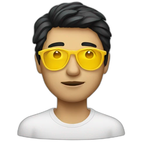 Man with yellow tinted glasses and black hair holding computer  emoji