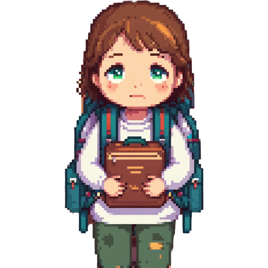 A student with a backpack and a sad face, surrounded by piles of books emoji
