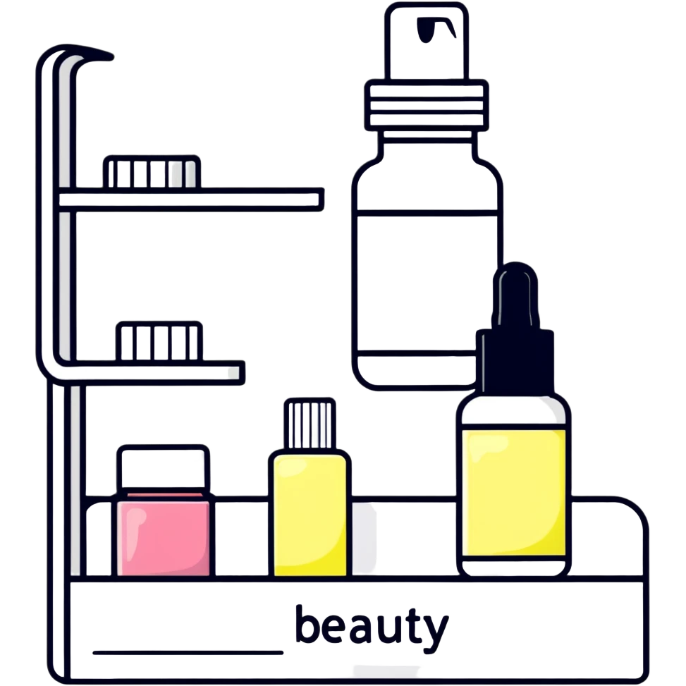 big long white shelf with one serum bottle labeled beauty brand and large sticky note next to it emoji