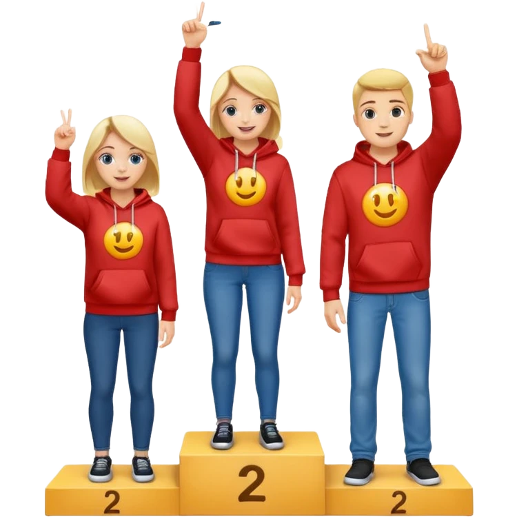 three people in jeans and hoodies on a winners podium labeled 2, 1, 3 left to right, center person on 1 step holding up one finger on each hand, bright cheerful expressive emoji illustration emoji