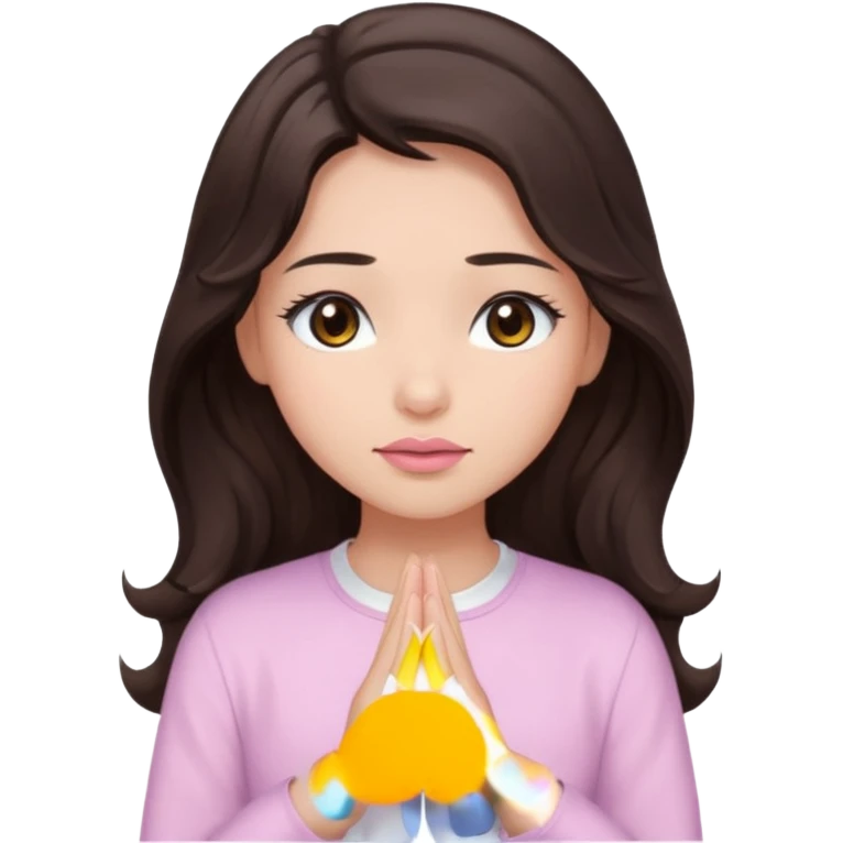 girl with wavy long glamorous dark brown hair, brown eyes, light to medium complexion, long lashes, light pink lipstick, praying, wearing light pink shirt emoji