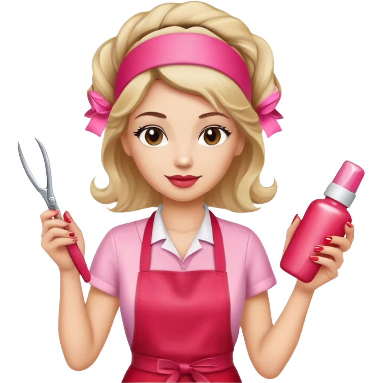 Female hairdresser with headband, wearing red apron, holding pink nail polish bottle and scissors, beauty salon employee emoji