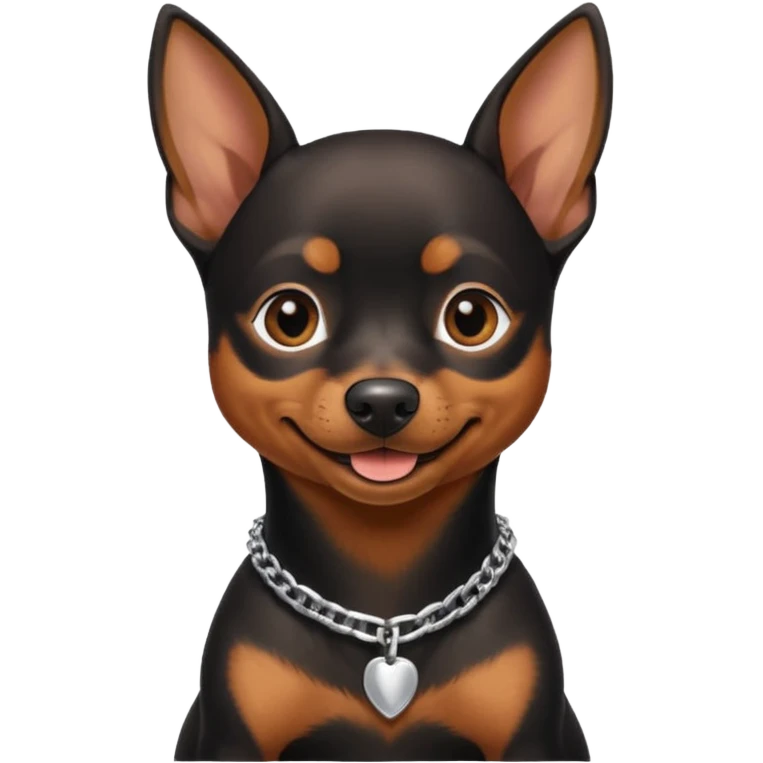a pinscher dog black and brown sitting and smiling with a silver chain in the neck emoji