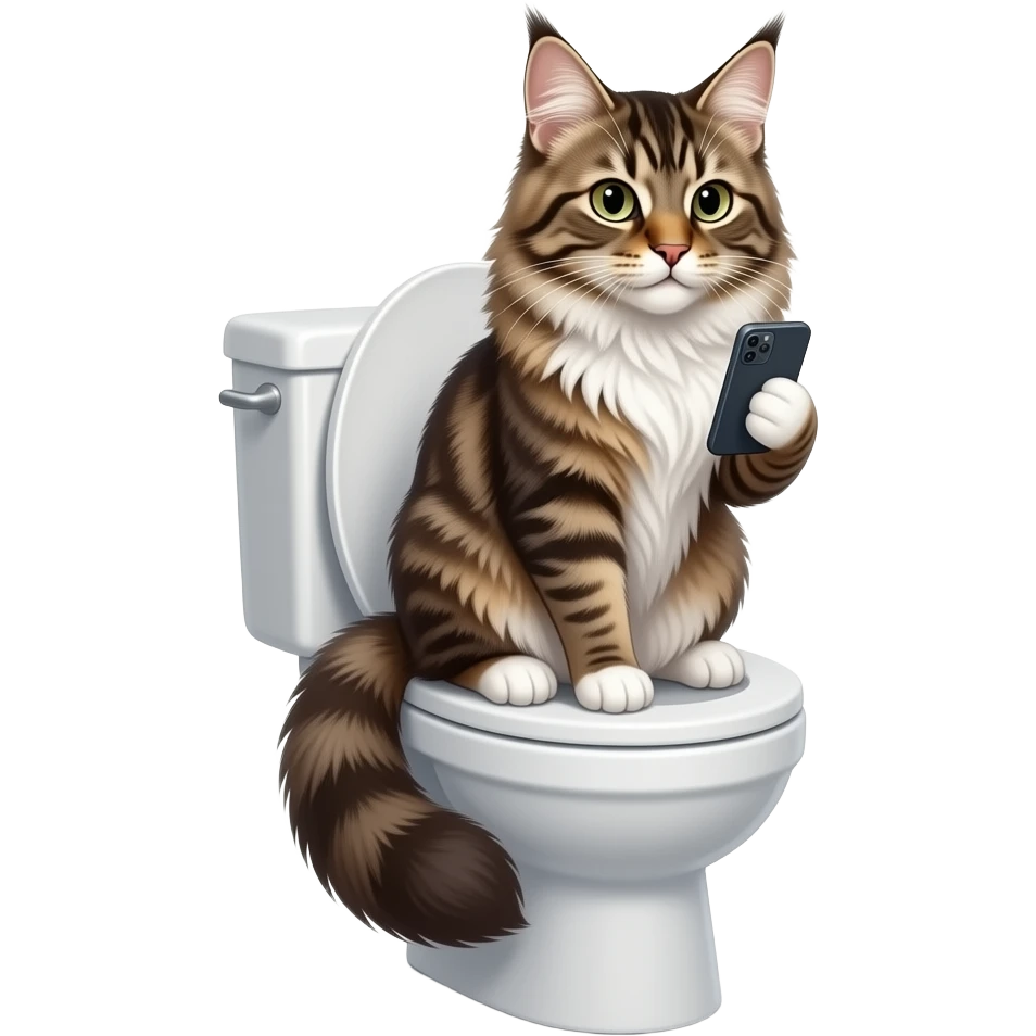 Maine coon cat on toilet with cell phone emoji