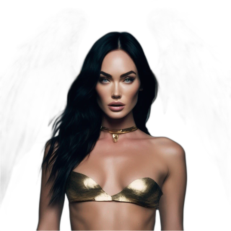 megan fox, david bellemere, Bare belly, Wings, Choker, Bathed in shadows, FOV 90 degrees, short lighting, L USM, Cold Colors, gilded technique, extremely hyper aesthetic, absurdres emoji