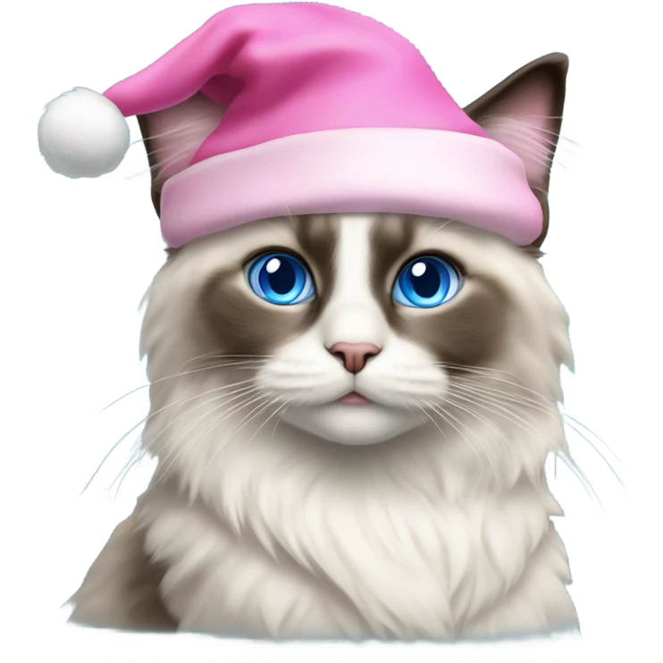 Realistic ragdoll cat with blue eyes wearing pink Santa hat emoji