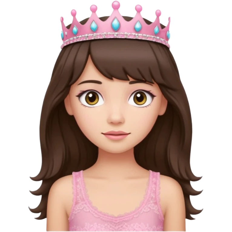 long haired brunette with curtain bangs cute pink lacy tank with a pink tiara on head, white but with a little bit of tan emoji