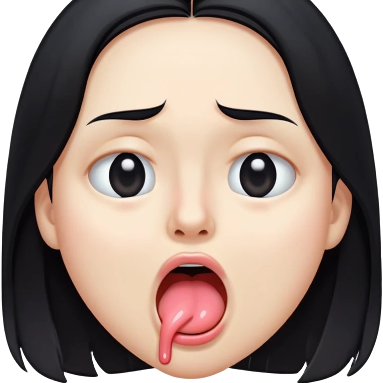surprised and disgusted face with long black hair, goopy white liquid on cheeks, lips, and tongue, tongue sticking out, eyes shut, expressive face emoji