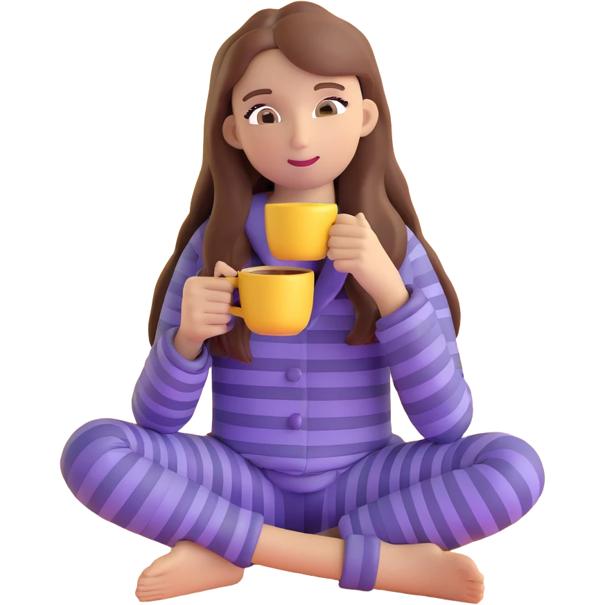 girl with long brown hair sipping coffee in purple striped pajamas emoji